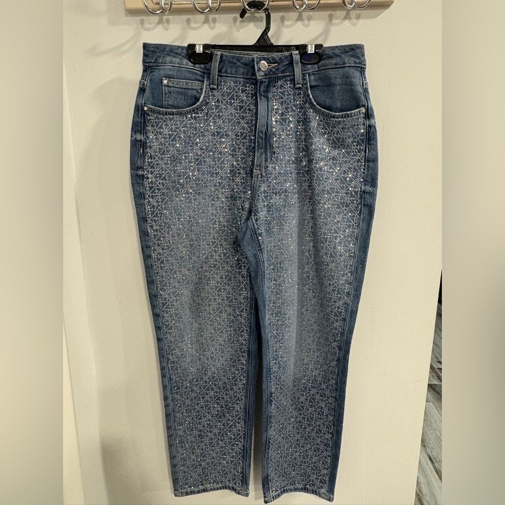Guess Blue Patterned Rhinestone High Mom Straight Leg Jeans